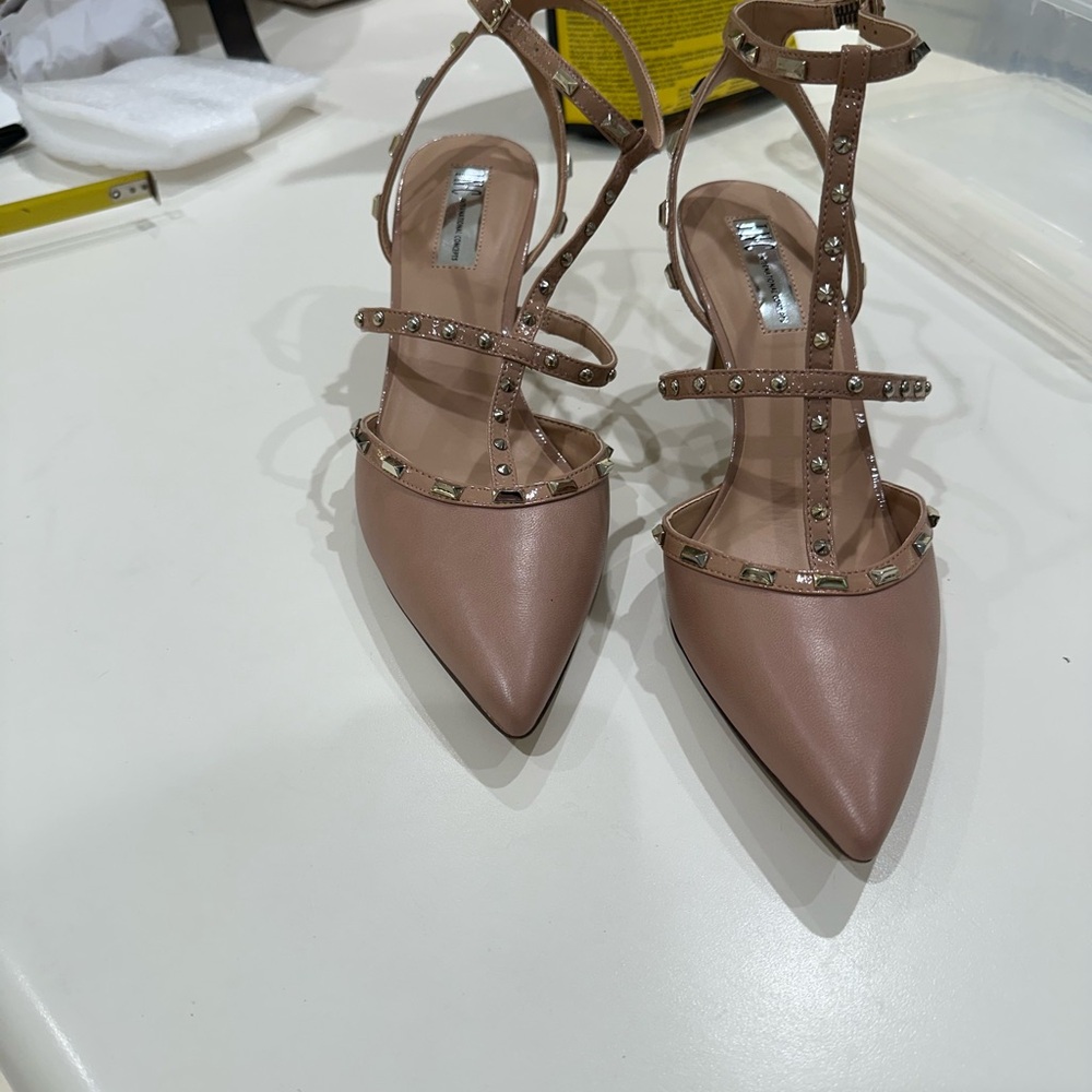 Inc international concept blush open back pumps with gold embellishment 10 m